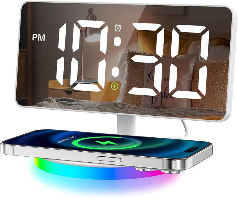 Mpow Alarm Clock for Heavy Sleepers, Digital Alarm Clock for Bedroom Decor, LED Mirror Clock with Adjustable Brightness & Wireless Charging, Automatically Dim at Night, Progressive Volume - White