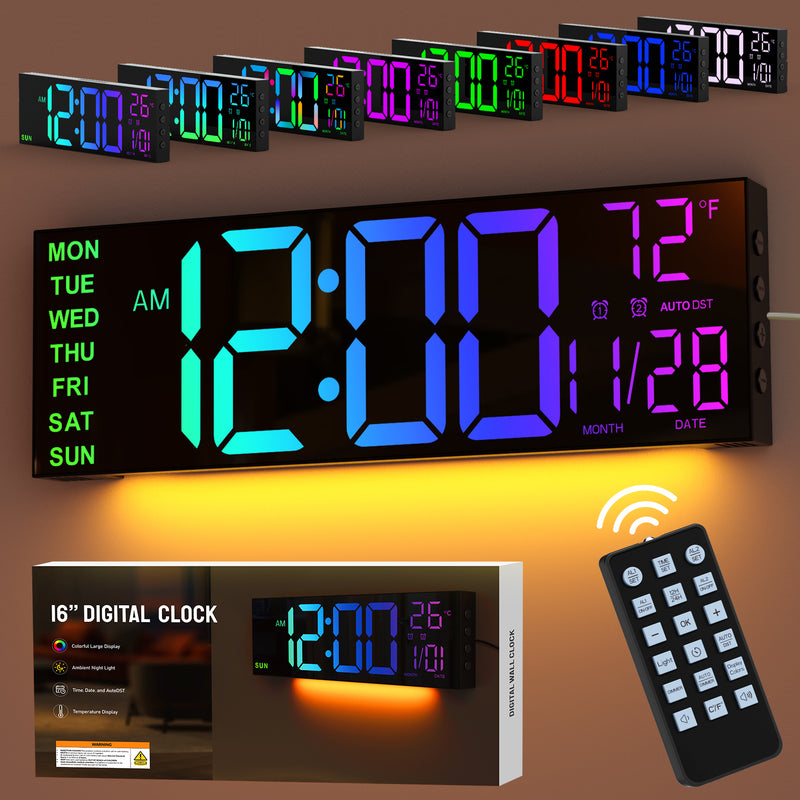 Mpow 16" Large Digital Wall Clock with Remote Control, Alarm Clock for Bedroom, 10 Brightness Dimmer, 8 Colors, 5 Volume, Auto DST, ℃/℉, Timer