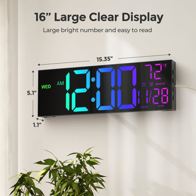 Mpow 16" Large Digital Wall Clock with Remote Control, Alarm Clock for Bedroom, 10 Brightness Dimmer, 8 Colors, 5 Volume, Auto DST, ℃/℉, Timer