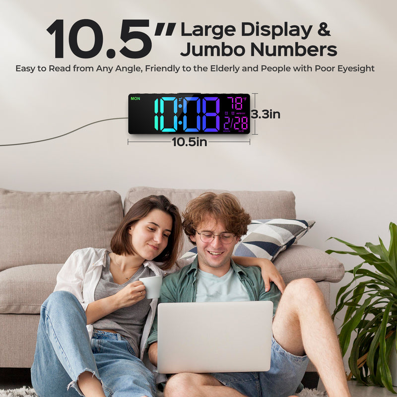 Mpow 10.5" Digital Wall Clock Large Display, with Remote Control, Dual Alarm Clock for Bedroom, 9 Colors, Adjustable Brightness & Volume, Auto DST, ℃/℉, 40 Minutes Countdown