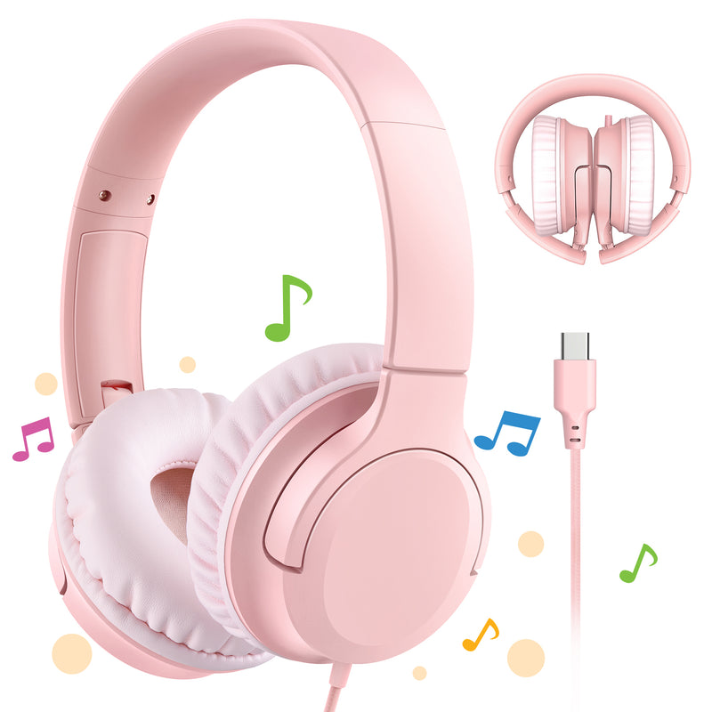 Mpow Kids Headphones for Girls/Boys/Children/Teens Adjustable, Upgraded USB-C Jack, 94dB Safe Volume Stereo Tangle-Free Kids Headphones for School Airplane Travel, over-Ear Headphones for Kids, Pink