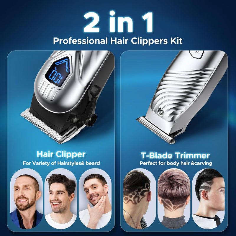 Mpow Hair Clippers for Men, Professional Hair Cutting Kit & T-Blade Trimmer Combo, 5H Cordless Runtime, Rechargeable Barber Clippers Beard/Hair Trimmer with Scissor,Cape for Men Women Kids, Mens Gifts