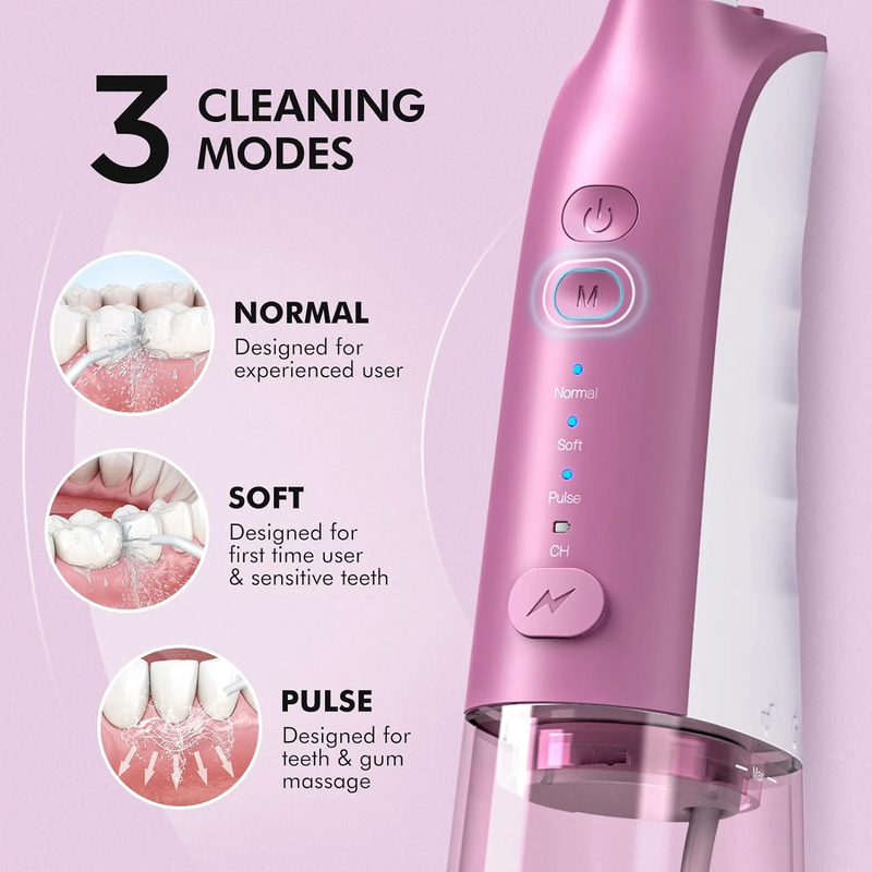 Mpow Water Flosser, Rechargeable Dental Flosser with 300ML Water Tank & 5 Jet Tips, 3 Modes - Pink