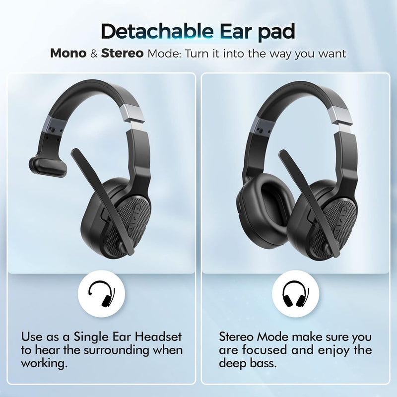 Mpow Bluetooth Headset, Trucker Bluetooth Headset with Noise Cancelling Microphone, 50H HD Talktime Wireless Headsets with Detachable Earpad, Single/Dual Mode All-Day Comfort for Driver/Office/Home