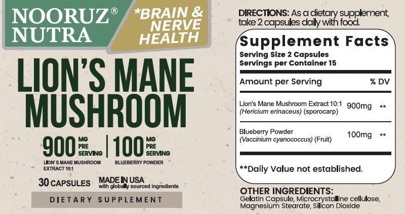 Lions Mane Mushroom Cognition Capsules (Capsules) Lions Mane Mushroom 10:1 Extract and Blueberry Power Capsules | Brain Supplement, Brain Vitamins, Focus Supplement