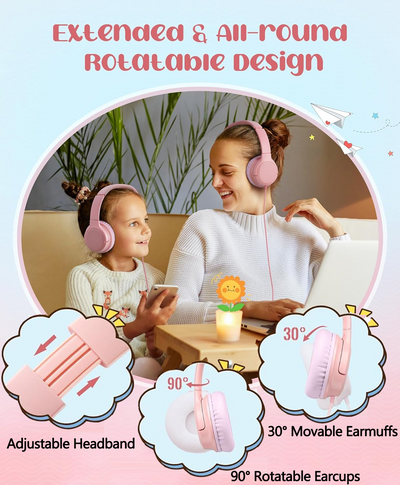 Mpow Kids Headphones for Girls/Boys/Children/Teens Adjustable, Upgraded USB-C Jack, 94dB Safe Volume Stereo Tangle-Free Kids Headphones for School Airplane Travel, over-Ear Headphones for Kids, Pink