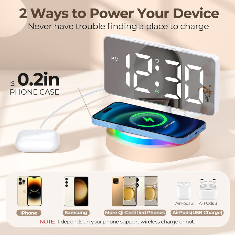 Mpow Alarm Clock for Heavy Sleepers, Digital Alarm Clock for Bedroom Decor, LED Mirror Clock with Adjustable Brightness & Wireless Charging, Automatically Dim at Night, Progressive Volume - White