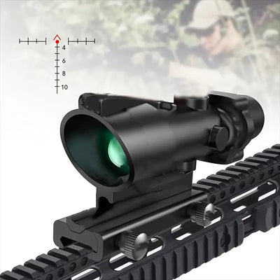 Prism Scope 4X32 Red Fiber Optics Scope, Chevron Reticle With Red Dot Sight