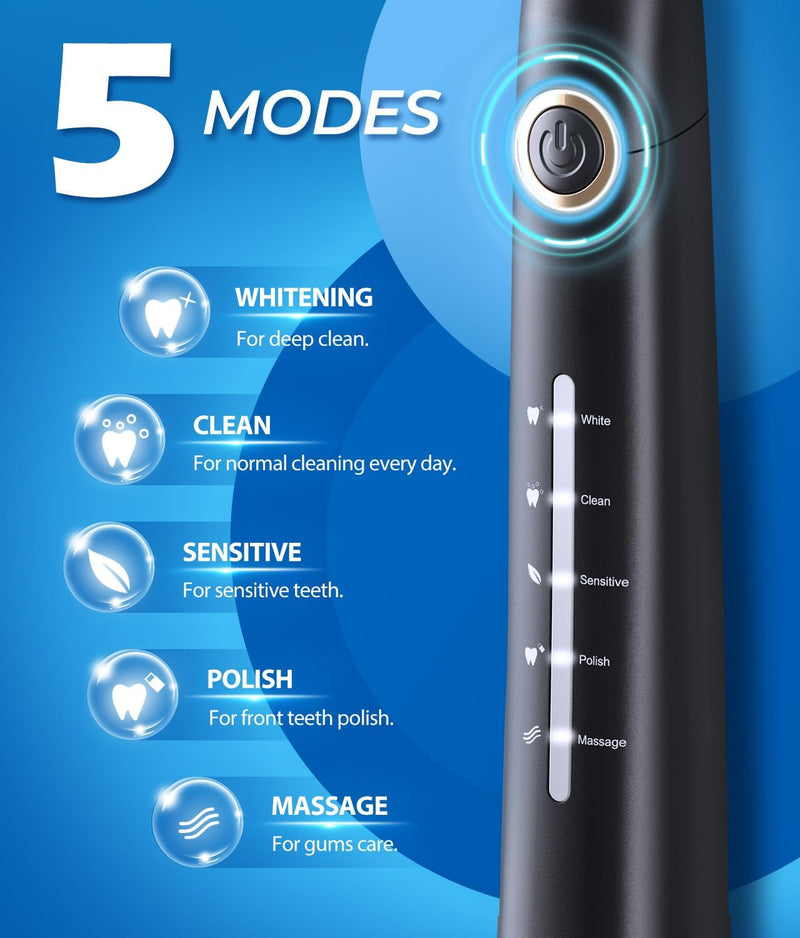 Electric Toothbrush for Adults with Travel Case, Electric Toothbrush with 8 Brush Heads, 40,000 VPM Deep Cleaning, 5 Modes (1-Black, with Travel Case)