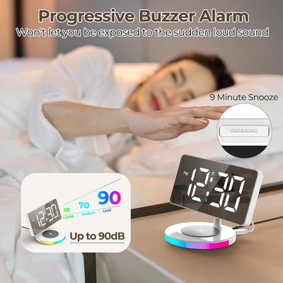 Mpow Alarm Clock for Heavy Sleepers, Digital Alarm Clock for Bedroom Decor, LED Mirror Clock with Adjustable Brightness & Wireless Charging, Automatically Dim at Night, Progressive Volume - White