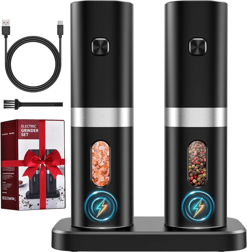 Electric Salt and Pepper Grinder Set, 2024 New Rechargeable Salt and Pepper Mill with 4*Rechargeable Batteries, Charging Base, White Light, One Hand Automatic Operation, Black, 2Pack