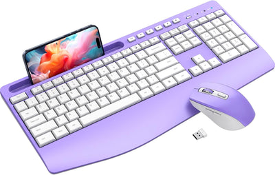 Wireless Keyboard and Mouse Combo,LIZRROT Ergonomic Computer Keyboard with Wrist Rest,2.4GHz Full-Sized Silent Mouse and Keyboard Combo with Phone Holder for Window, Mac, PC, Laptop,Silver