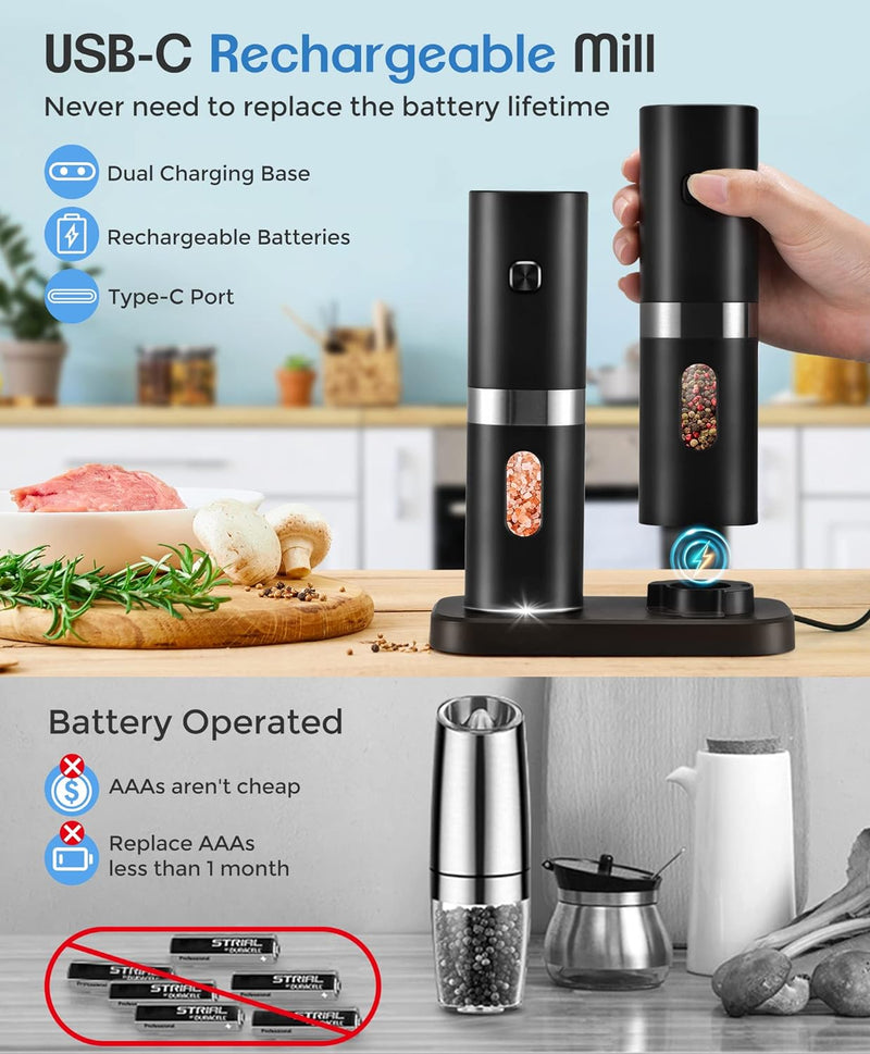 Electric Salt and Pepper Grinder Set Rechargeable - USB Type-C