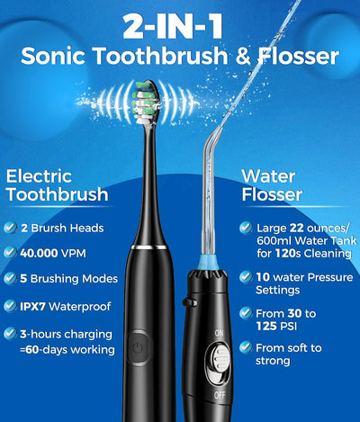 Electric Toothbrush and Water Flosser,600ML Oral Irrigator Water Flosser with 7 Jet Tips,10 Adjustable Water Pressure,Sonic Electric Toothbrush with 2 Brush Heads,5 Modes(Black)