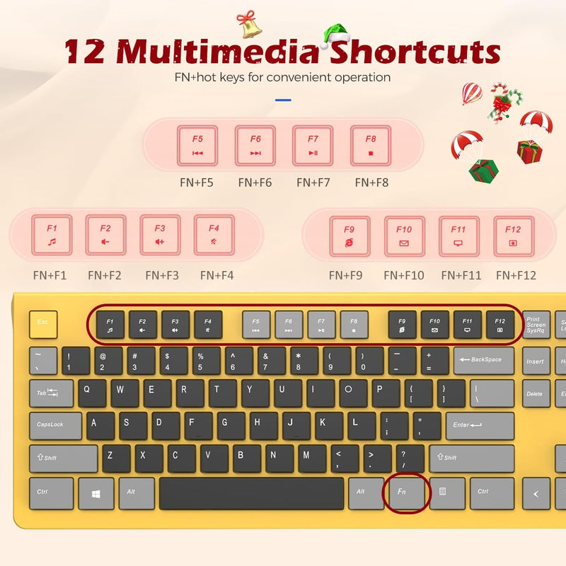 Computer Keyboard Wired, Plug Play USB Keyboard, Low Profile Chiclet Keys, Large Number Pad, Caps Indicators, Foldable Stands, Spill-Resistant, Anti-Wear Letters, Full Size, Yellow