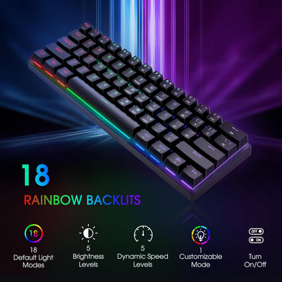 Portable 60% Mechanical Gaming Keyboard,Wired Ergonomic Keyboard with Red Switches,18 LED Backlit Keyboard,61 Keys Ultra-Compact Mini Office Keyboard for PC/Mac/Xbox,Easy to Carry On Trip-Black/White