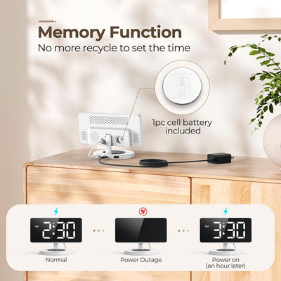 Mpow Alarm Clock for Heavy Sleepers, Digital Alarm Clock for Bedroom Decor, LED Mirror Clock with Adjustable Brightness & Wireless Charging, Automatically Dim at Night, Progressive Volume - White