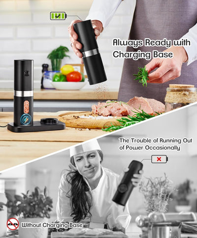 Electric Salt and Pepper Grinder Set, 2024 New Rechargeable Salt and Pepper Mill with 4*Rechargeable Batteries, Charging Base, White Light, One Hand Automatic Operation, Black, 2Pack