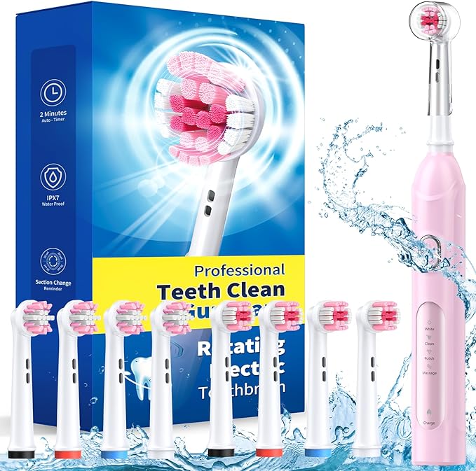 Rotating Electric Toothbrush for Adults with 8 Brush Heads (2 Types), 4 Modes Deep Clean Electric Toothbrush with Rechargeable Power and 2 Min Smart Timer