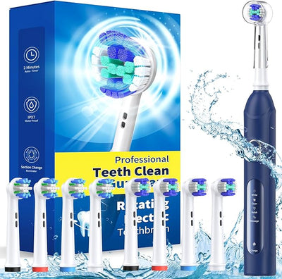 Rotating Electric Toothbrush for Adults with 8 Brush Heads (2 Types), 4 Modes Deep Clean Electric Toothbrush with Rechargeable Power and 2 Min Smart Timer