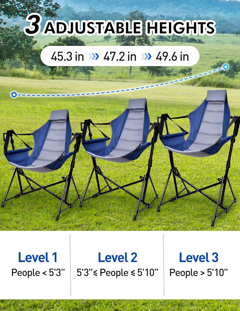 Hammock Camping Chair with 3 Height Options, Portable Hammock Chair with Adjustable Backrest, Padded Headrest, Adjustable Cup Holder, 300 LBS Heavy Duty Swinging Camping Chair