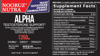 NOORUZ Alpha Men's Testosterone Booster -Ashwagandha, TongkatAli, Cordyceps, Maca, Beet, Saw palmetto, Epimedium | Strength Booster Capsules