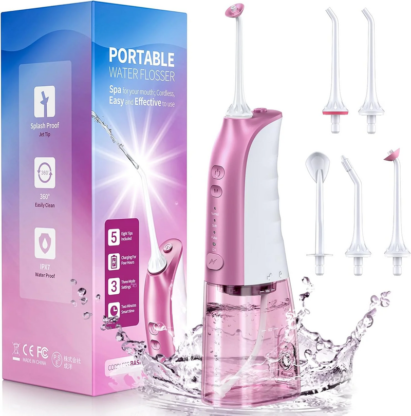 Mpow Water Flosser, Rechargeable Dental Flosser with 300ML Water Tank & 5 Jet Tips, 3 Modes - Pink