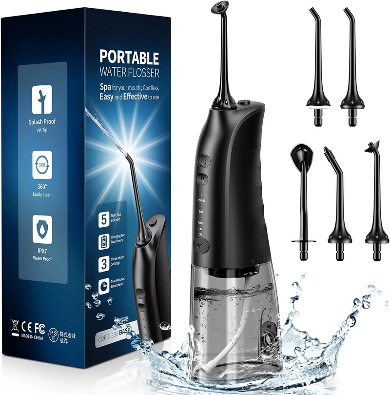 Water Flosser for Teeth, 300ML 3 Modes Cordless Portable Water Dental Flosser Pick, Include a Unique Splash-Proof Jet Tip, IPX7 Waterproof Rechargeable Oral Irrigator for Braces Care Home Travel